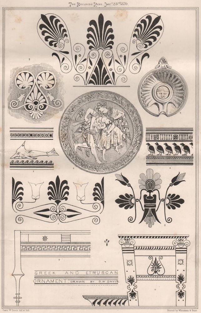 Greek and Etruscan Ornament; Drawn by O.W. Davis. Greece 1870 old print